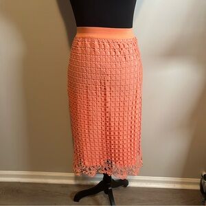 Elegant Coral Lace Midi Skirt Coral Lace Crochet Pencil Midi Skirt Medium